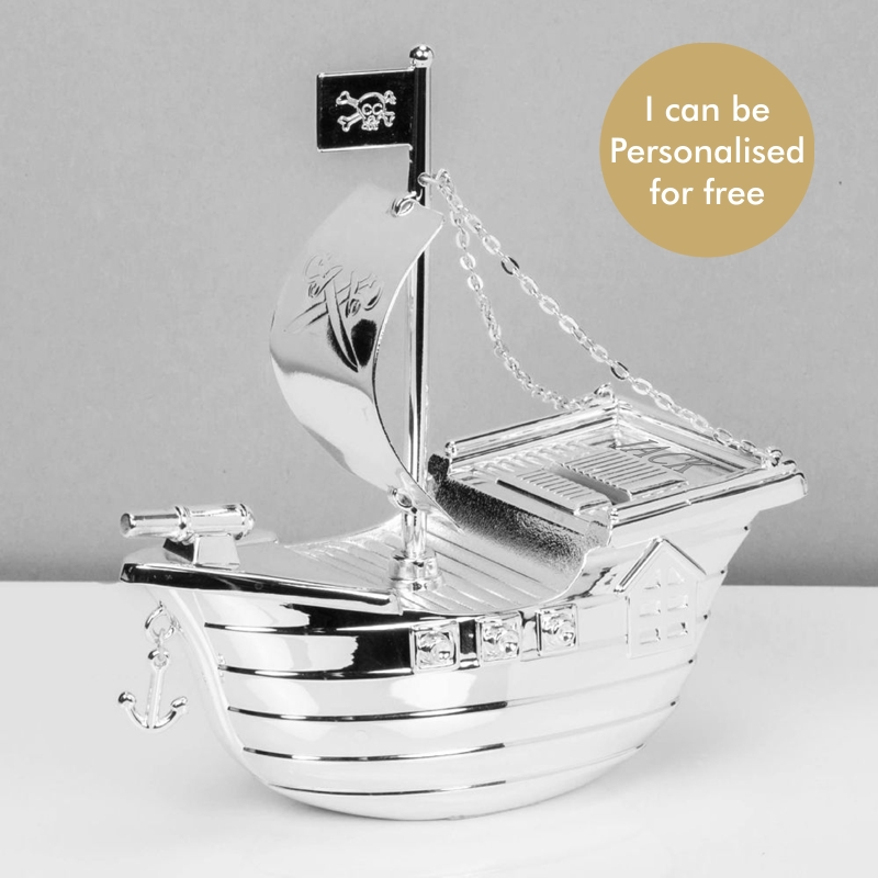 Money Box Silver Pirate Ship Personalised Christening Gift Baby Boys Birthday 