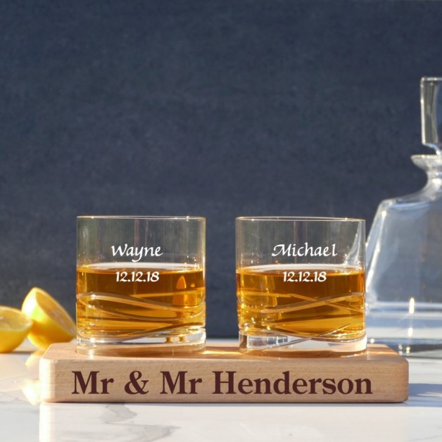 Set of Two Whiskey Tumblers - Includes Wooden Serving Base