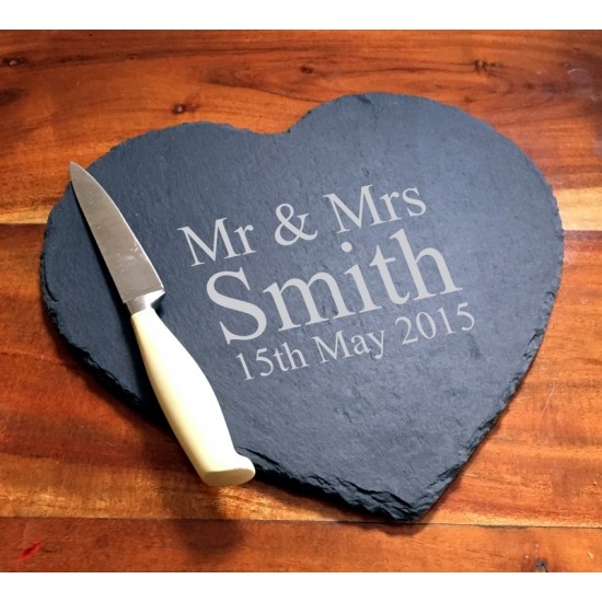 Mr & Mrs Engraved Heart Slate Cheese Board Personalised with Surname and the Date of the Wedding